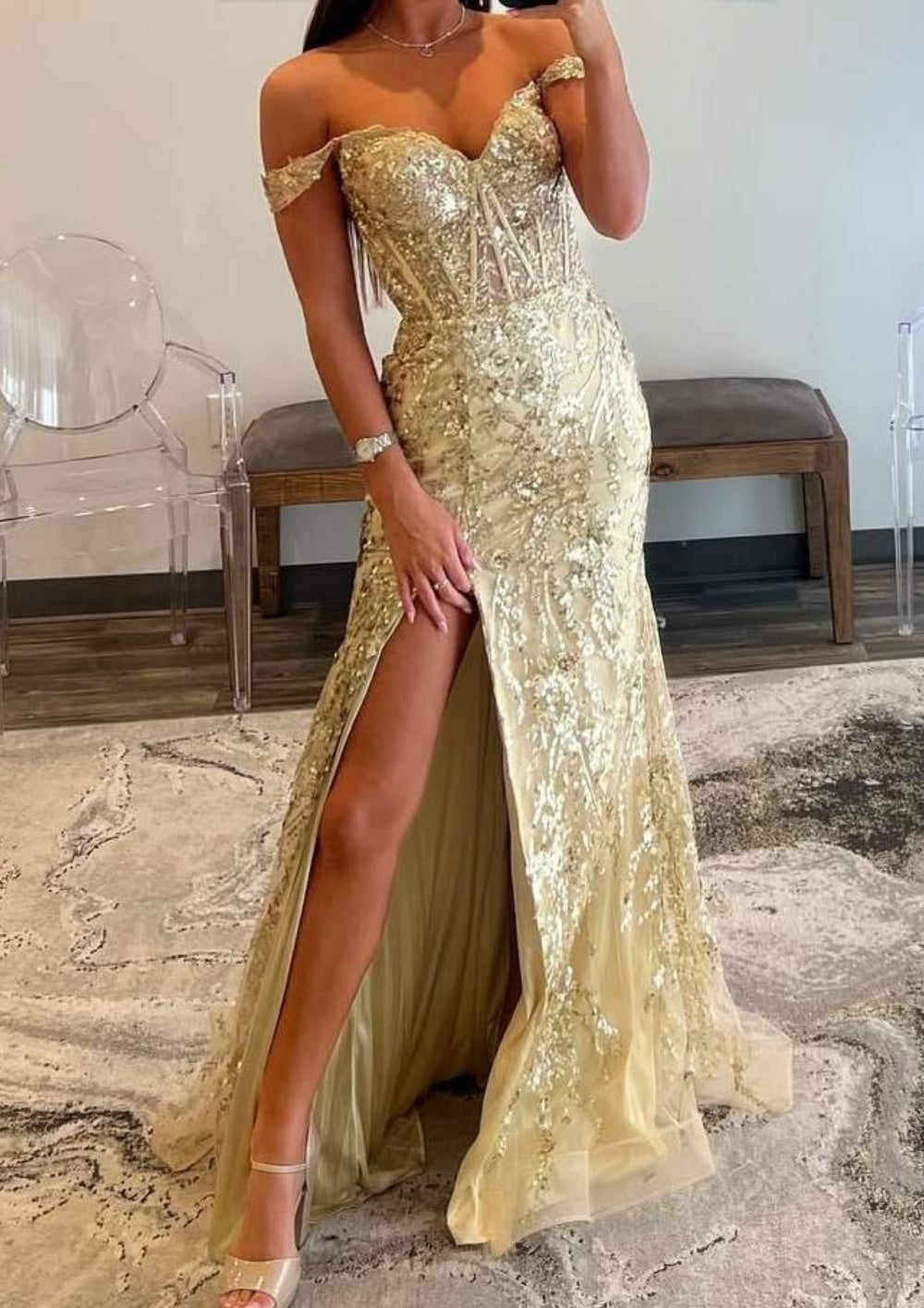 Sevoba|Off-the-Shoulder Sequin Lace Mermaid Long Dress with High Slit