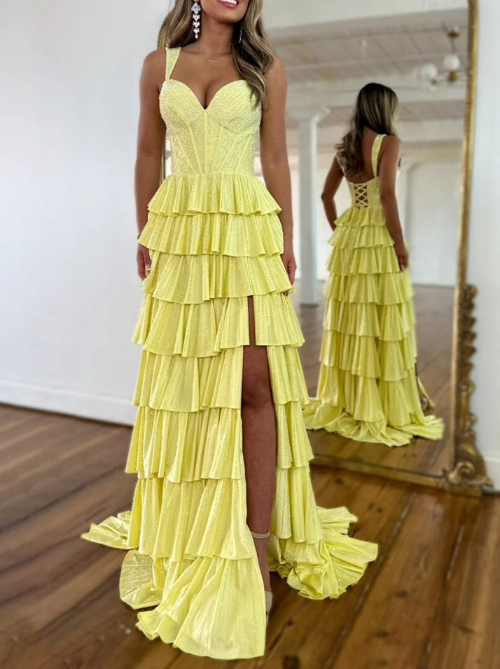 Yellow A Line Sparkly Prom Dress with Lace Up Back Tiered Skirt and Leg Slit