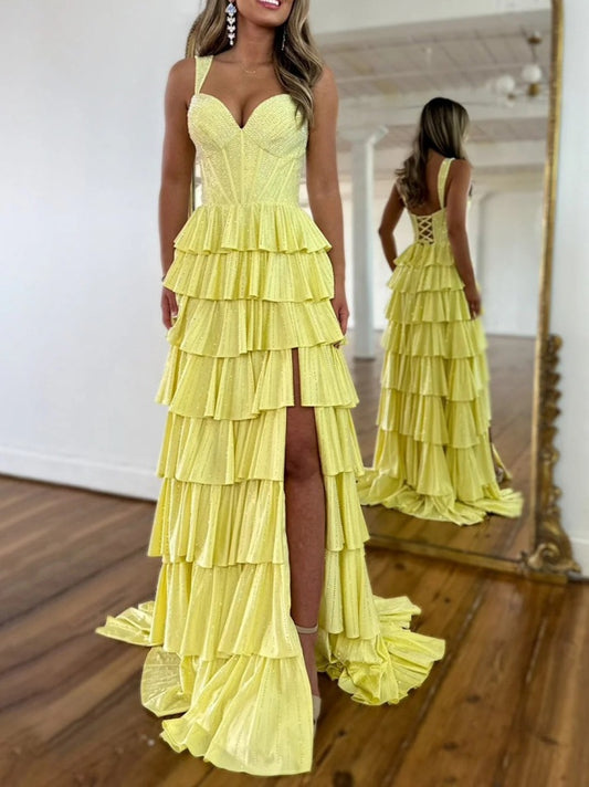 Yellow A Line Sparkly Prom Dress with Lace Up Back Tiered Skirt and Leg Slit