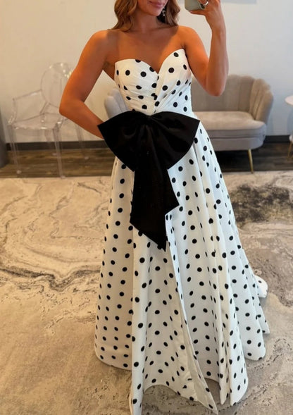 Elegant A Line Strapless Polka Dot Satin Long Prom Dress With Bow