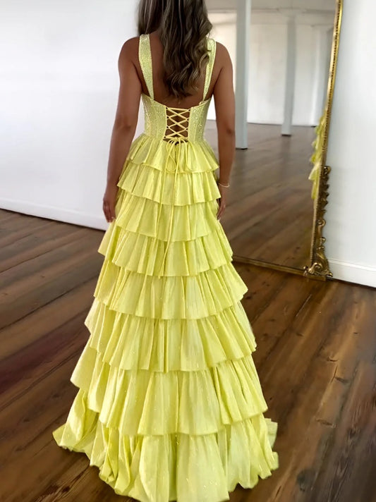 Yellow A Line Sparkly Prom Dress with Lace Up Back Tiered Skirt and Leg Slit