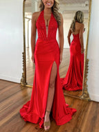 Red Halter Neck Backless Satin Mermaid Prom Dress with Lace Top and Long Silhouette