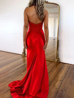 Red Halter Neck Backless Satin Mermaid Prom Dress with Lace Top and Long Silhouette