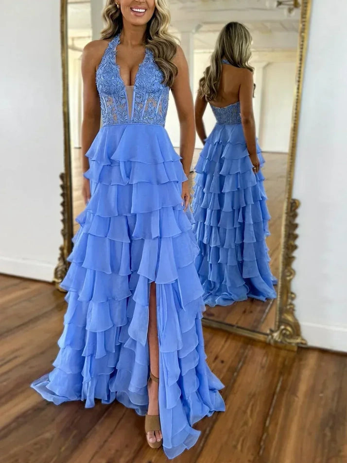 Blue Chiffon Prom Dress with A Line Shape Lace Top Halter Neck and Slit Accent