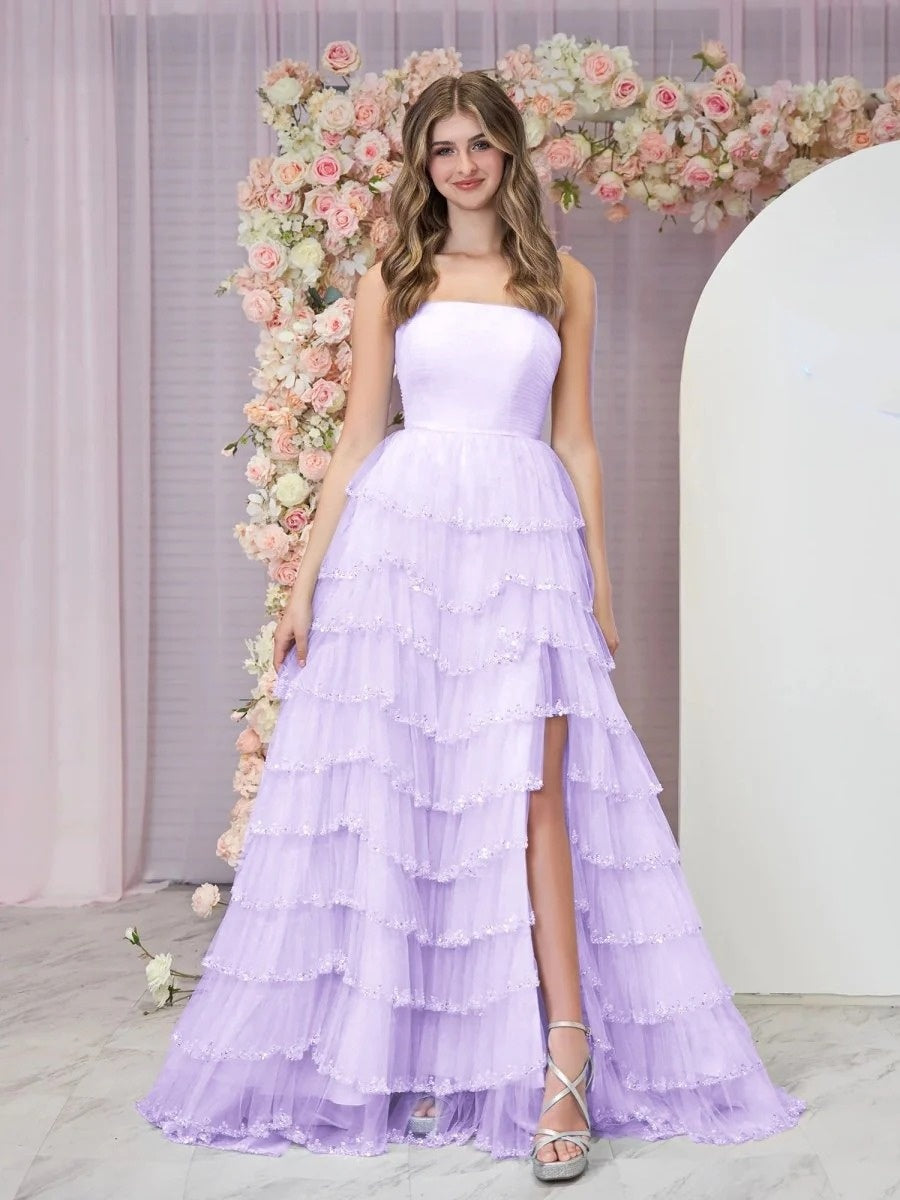 Sevoba|Light Blue Strapless Layered Tulle Prom Dress with Sequins