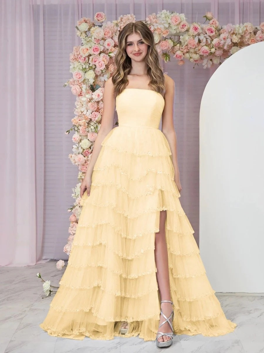 Sevoba|Light Blue Strapless Layered Tulle Prom Dress with Sequins