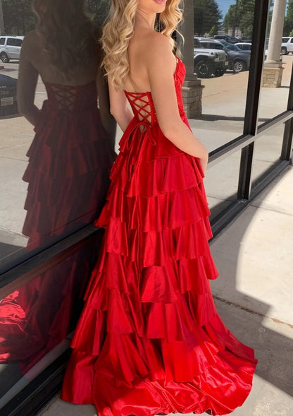 Sparkly A Line Sweetheart Tiered Ruffles Long Prom Dress With Sequin Appliques