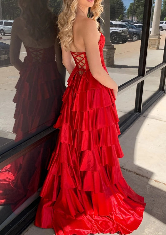 Sparkly A Line Sweetheart Tiered Ruffles Long Prom Dress With Sequin Appliques