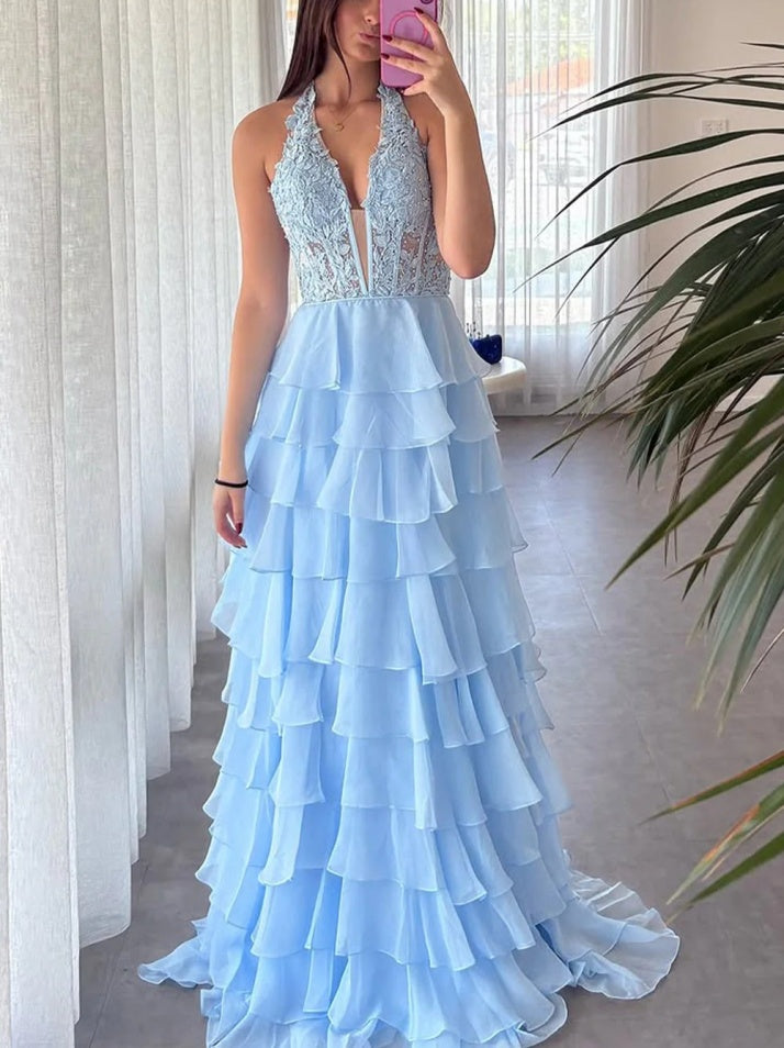 Blue Chiffon Prom Dress with A Line Shape Lace Top Halter Neck and Slit Accent