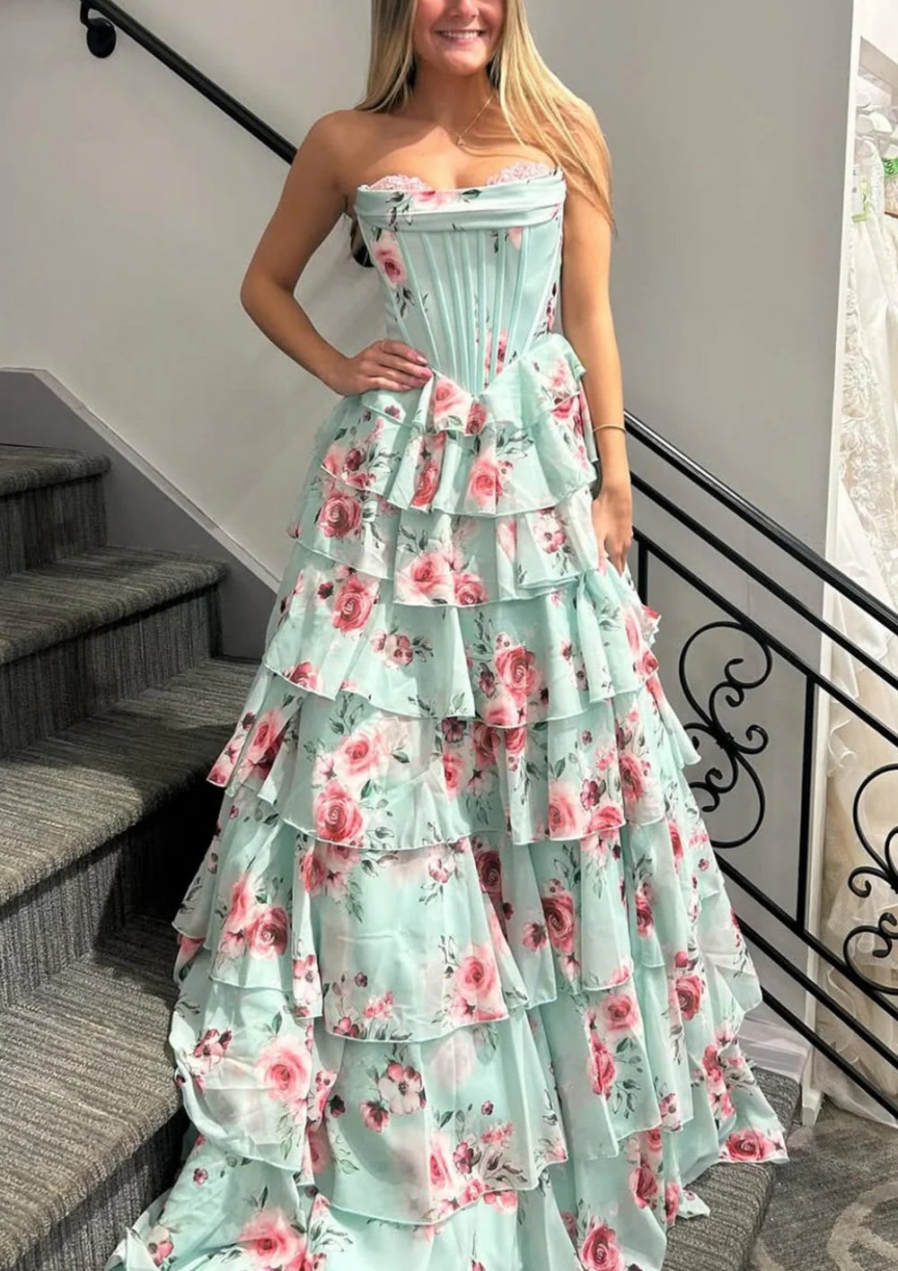 Mint Green Watercolor Floral Strapless Prom Dress with Sweetheart Tiered Chiffon Train