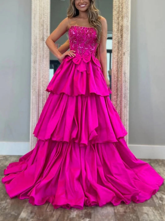 Fuchsia Strapless Layered Satin A-Line Prom Dress with Glitter Bodice and Bowknot