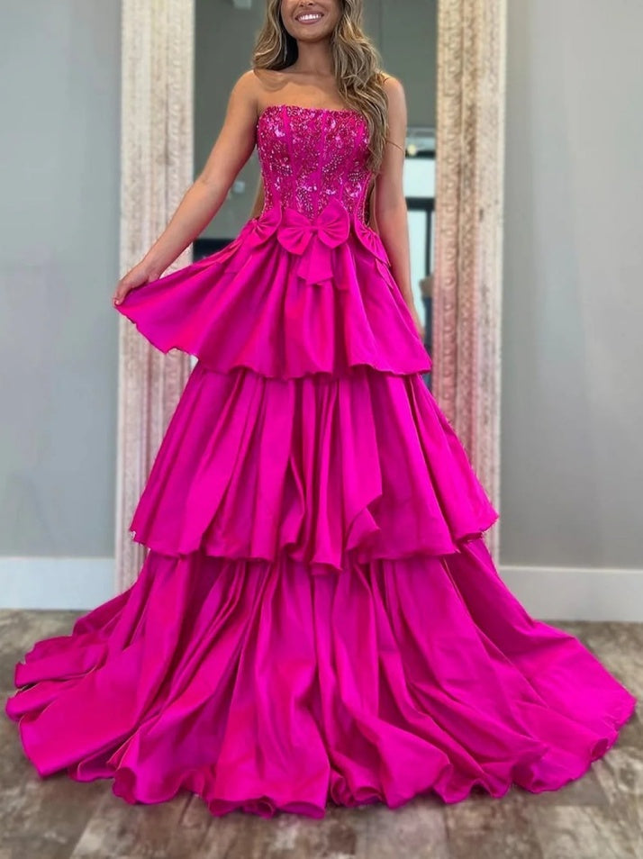 Fuchsia Strapless Layered Satin A-Line Prom Dress with Glitter Bodice and Bowknot