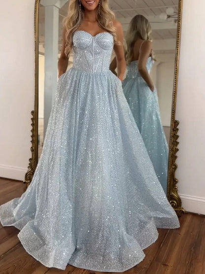Light Blue Glitter Floor-Length Gown with Spaghetti Straps Prom Dress