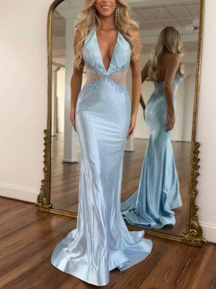 Light Blue Halter Neck Mermaid Gown with Beaded Appliques Prom Dress