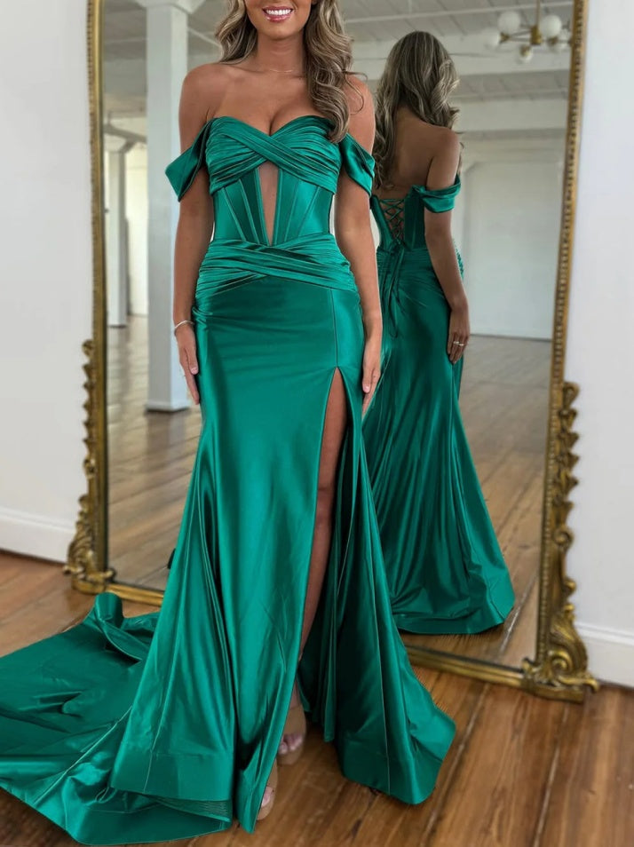 Mermaid Off the Shoulder Long Satin Gown with Slit Detail Prom Dress