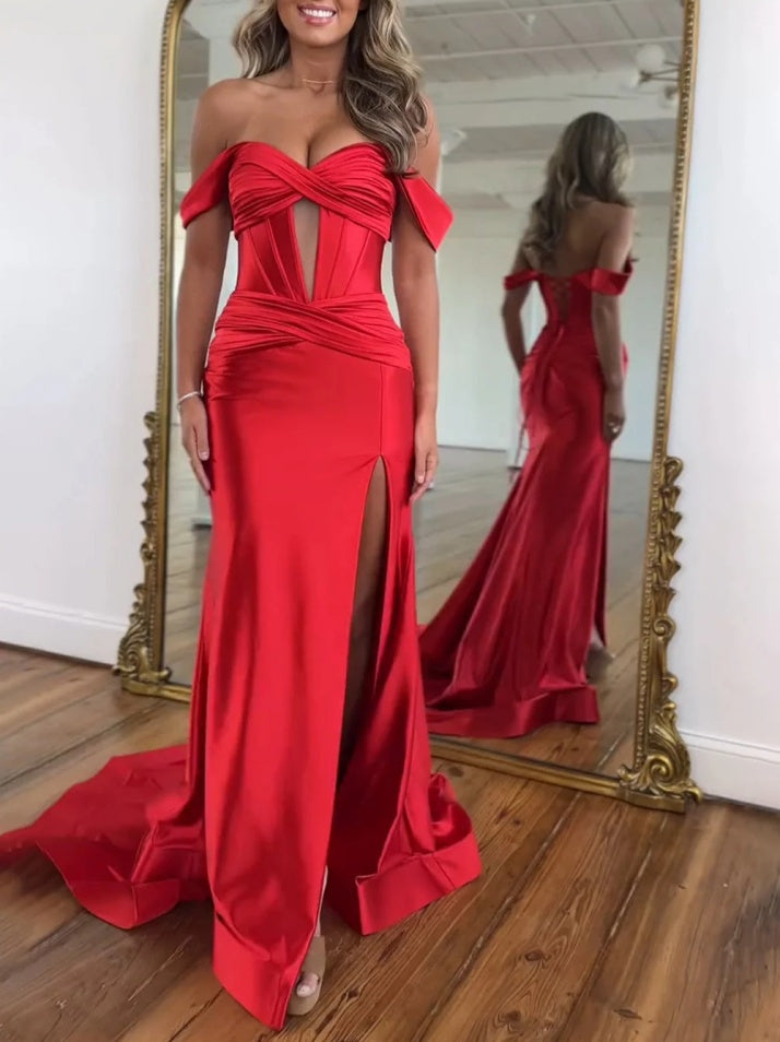 Mermaid Off the Shoulder Long Satin Gown with Slit Detail Prom Dress