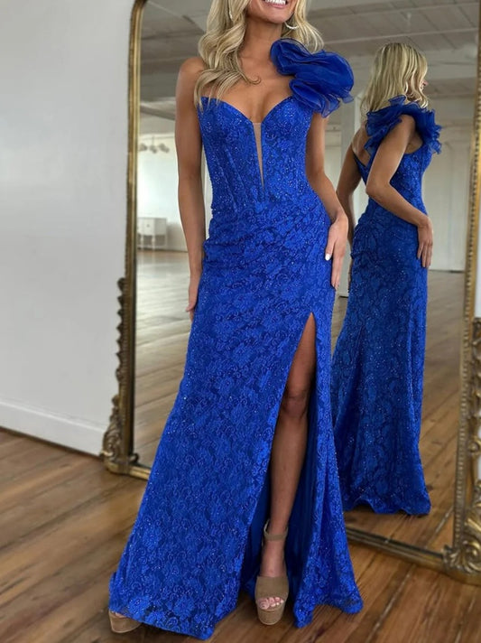 Royal Blue Glitter One Shoulder Mermaid Gown with Lace 3D Flower and Slit Prom Dress