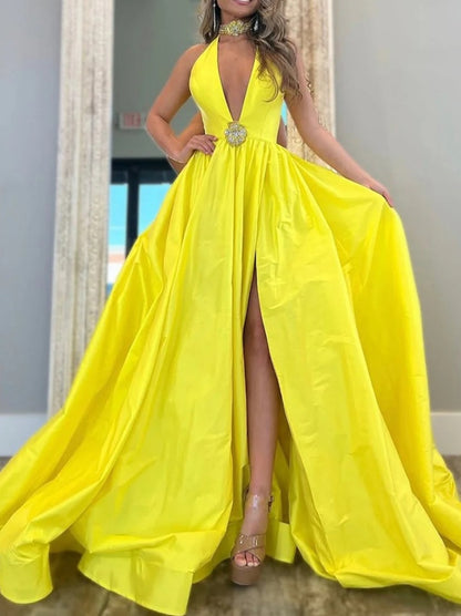 Yellow A-Line Long Satin Prom Dress with Deep V-Neck and Elegant Beading