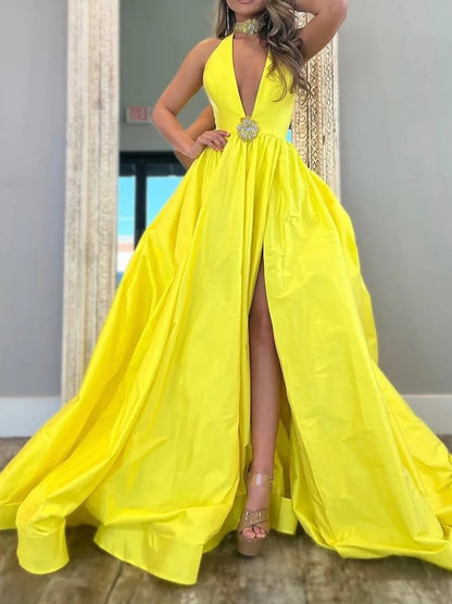Yellow A-Line Long Satin Prom Dress with Deep V-Neck and Elegant Beading