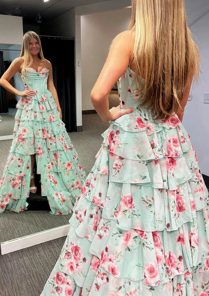 Mint Green Watercolor Floral Strapless Prom Dress with Sweetheart Tiered Chiffon Train