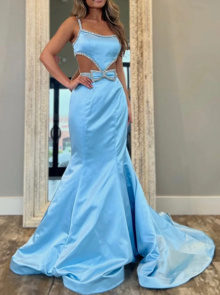 Light Blue Mermaid Prom Dress Featuring Cute Bowknot and Waist Cutout