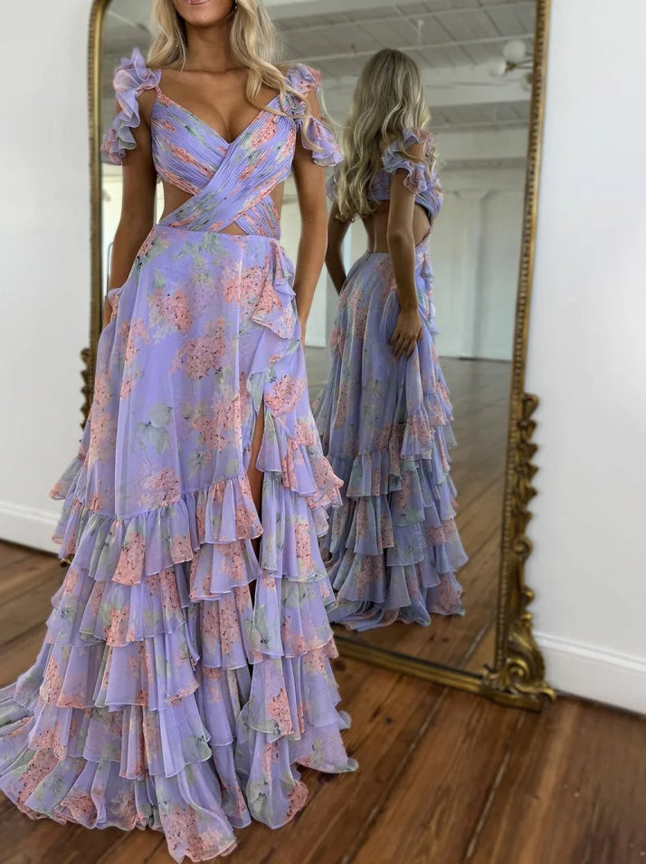 Stylish Purple Print A Line Off The Shoulder Long Layered Prom Dress with Slit