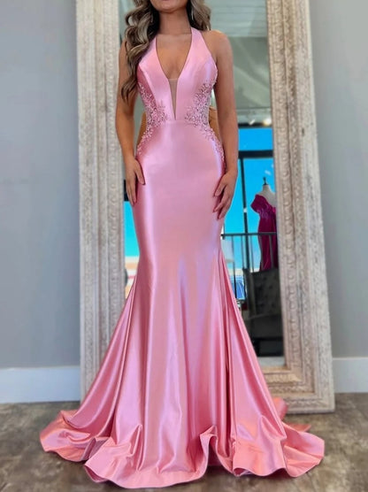 Pink Mermaid Prom Dress with Deep V-Neck Backless Long Satin and Appliques