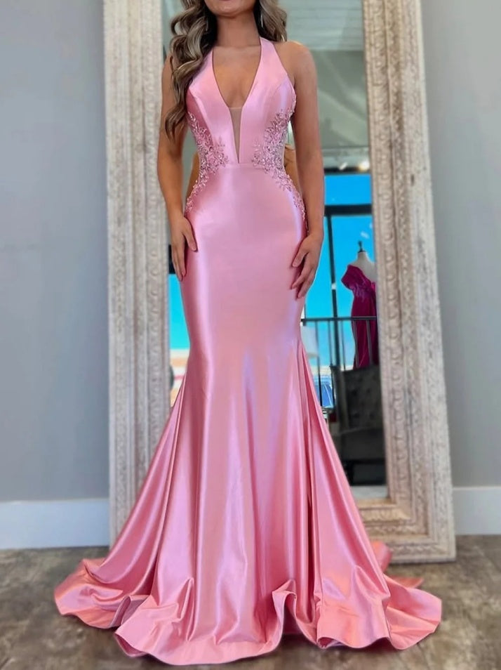 Pink Mermaid Prom Dress with Deep V-Neck Backless Long Satin and Appliques