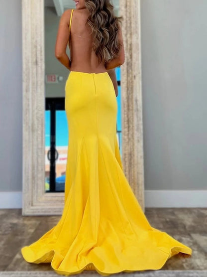 Sexy Yellow Mermaid Prom Dress with Spaghetti Straps Backless Design and Bowknot