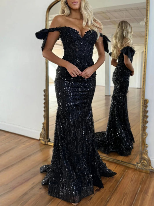 Black Off-Shoulder Sequin Mermaid Prom Dress with Bow Sleeves and Train