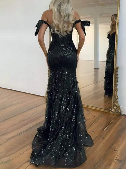 Black Off-Shoulder Sequin Mermaid Prom Dress with Bow Sleeves and Train