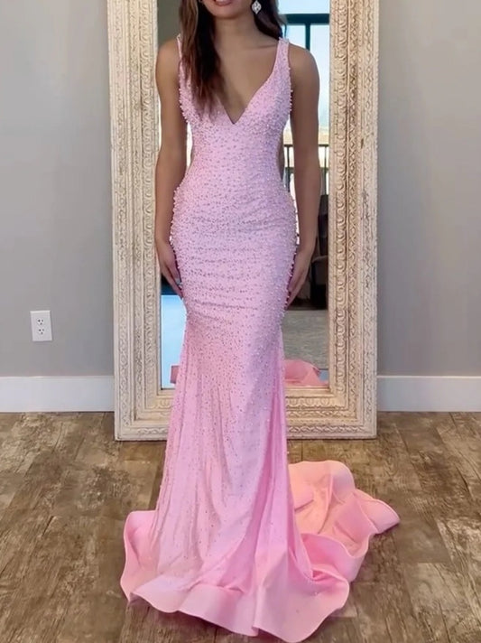 V-Neck Beaded Mermaid Prom Dress with Side Illusion