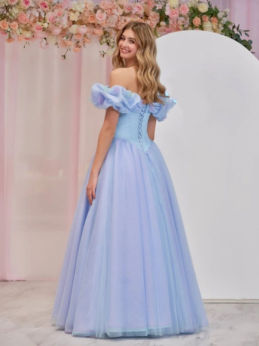 Sevoba|Cinderella Blue Tulle Off the Shoulder With Crystals & Butterflies Ball Gown
