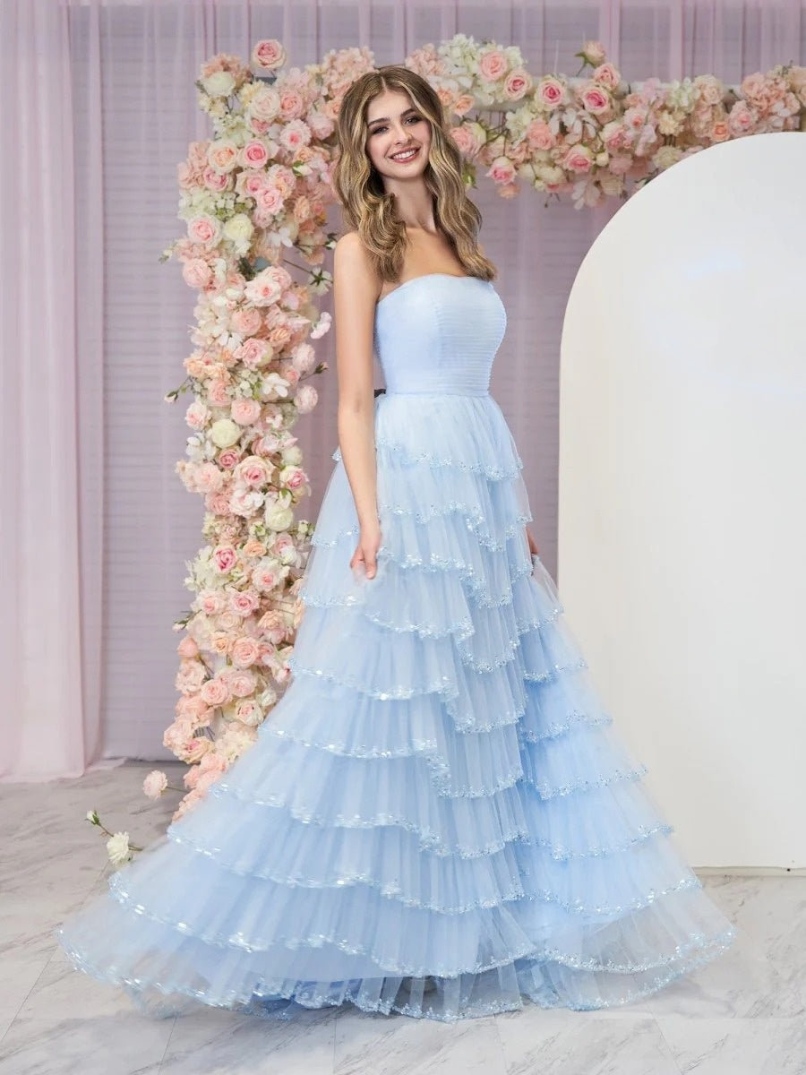 Sevoba|Light Blue Strapless Layered Tulle Prom Dress with Sequins