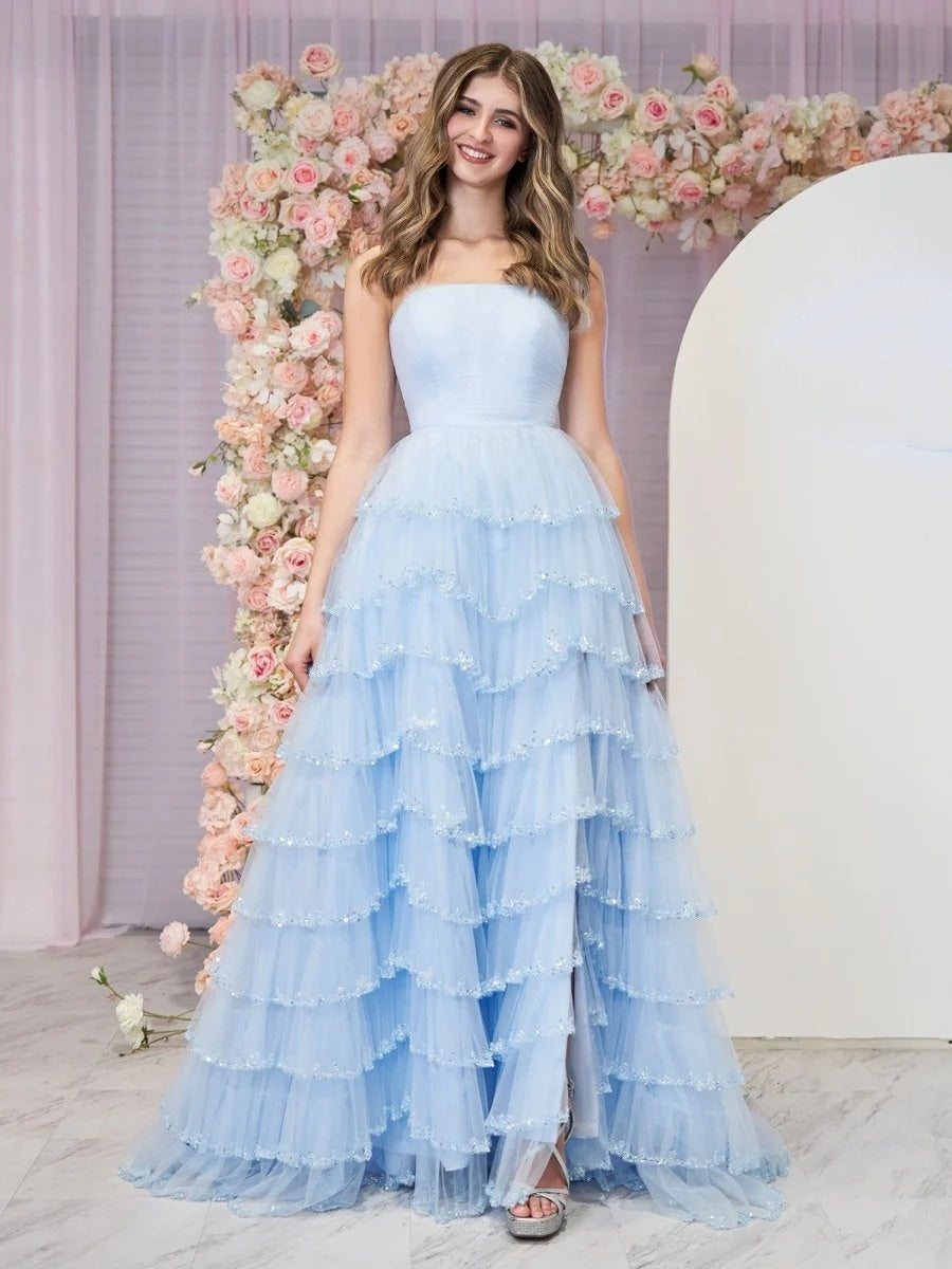 Sevoba|Light Blue Strapless Layered Tulle Prom Dress with Sequins