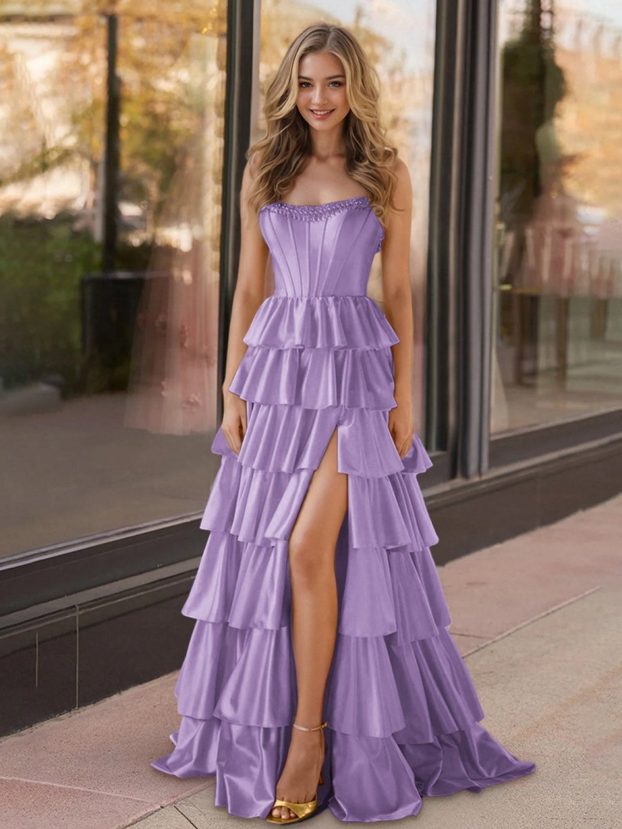 Sevoba | Yellow Strapless Satin Ruffle Tiered Beaded A Line Prom Dresses