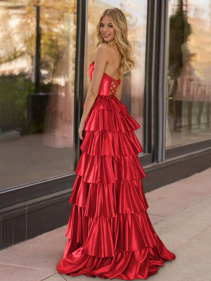 Sevoba | Yellow Strapless Satin Ruffle Tiered Beaded A Line Prom Dresses