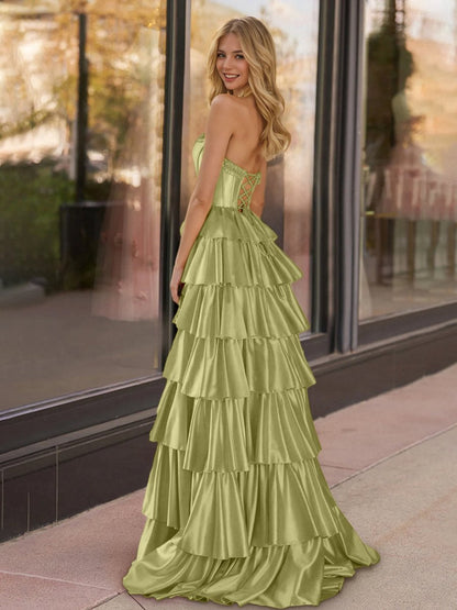 Sevoba | Yellow Strapless Satin Ruffle Tiered Beaded A Line Prom Dresses