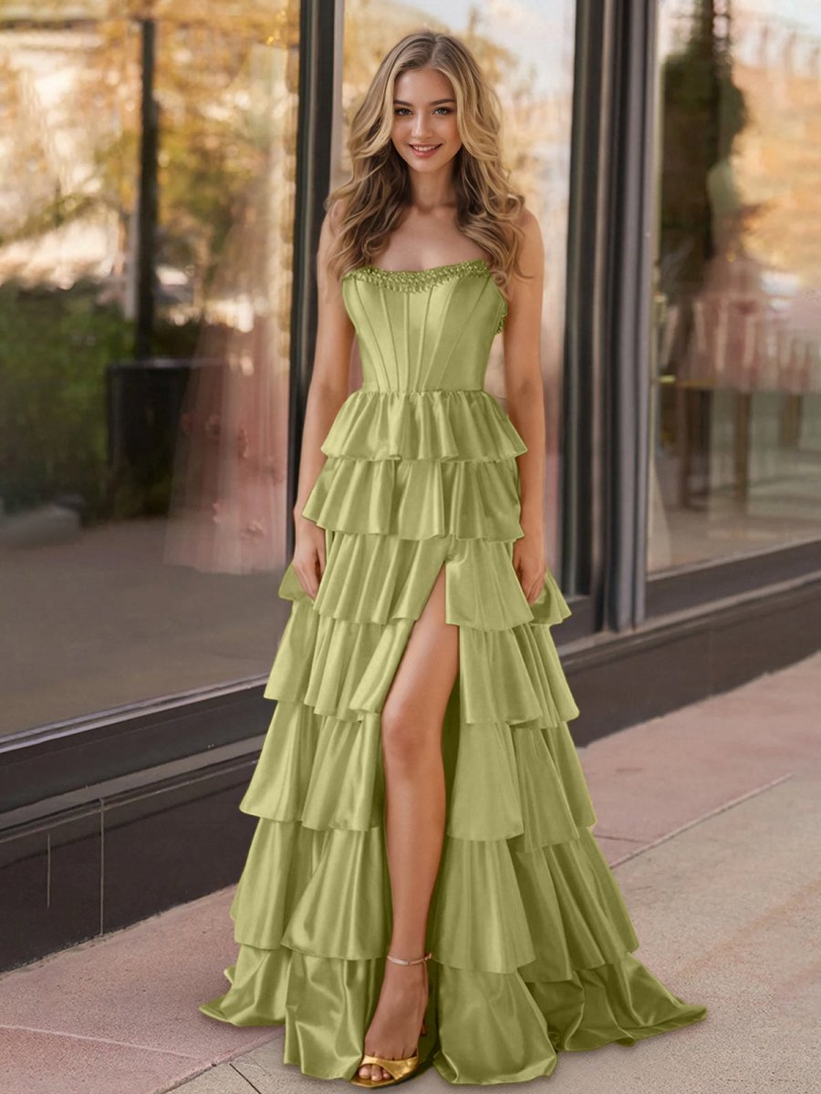 Sevoba | Yellow Strapless Satin Ruffle Tiered Beaded A Line Prom Dresses
