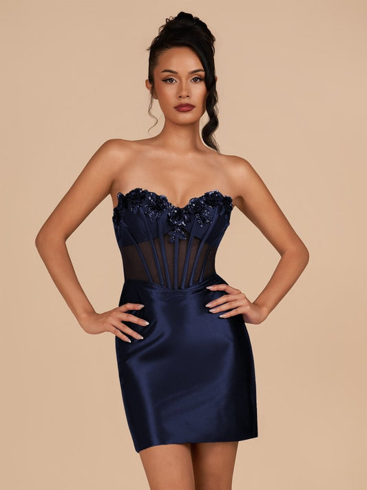 Sevoba|Navy Blue - Bodycon Sequined Flowers Corset Sweetheart Homecoming Dress