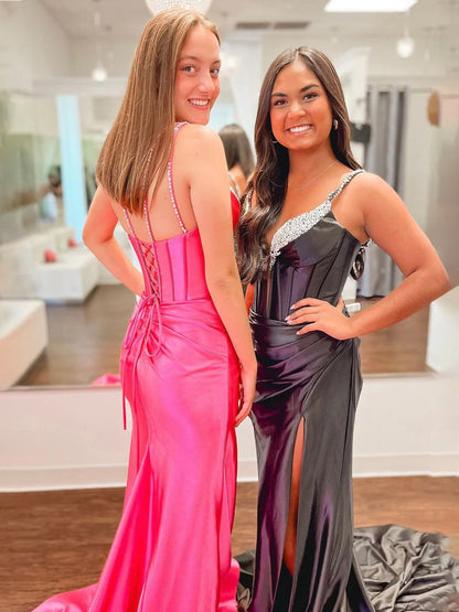 Fuchsia Mermaid V Neck Satin Long Prom Dresses with Beading