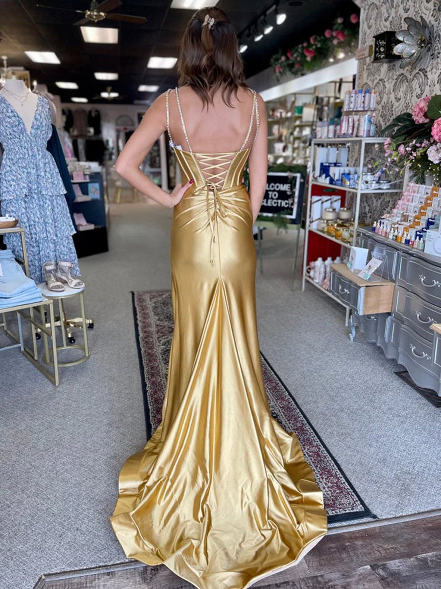 Fuchsia Mermaid V Neck Satin Long Prom Dresses with Beading