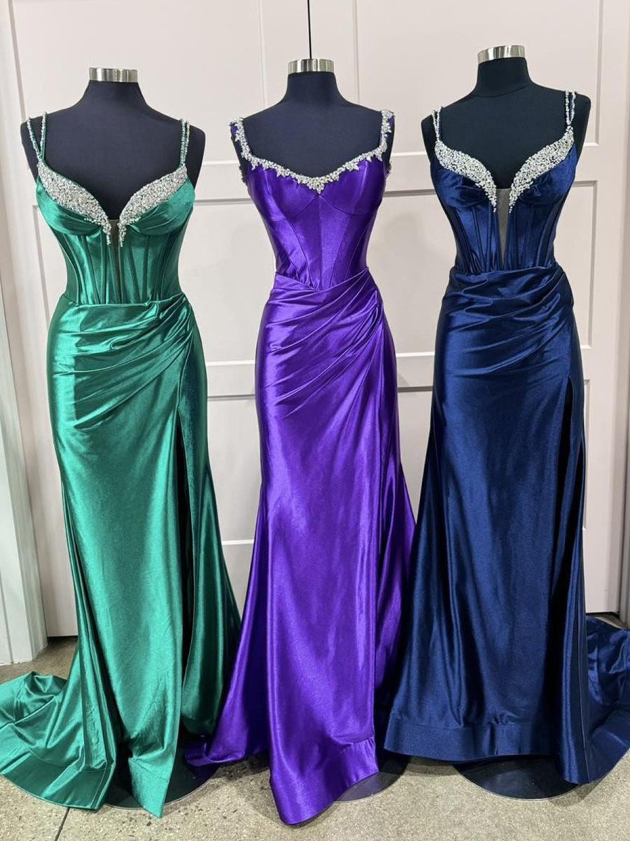 Fuchsia Mermaid V Neck Satin Long Prom Dresses with Beading