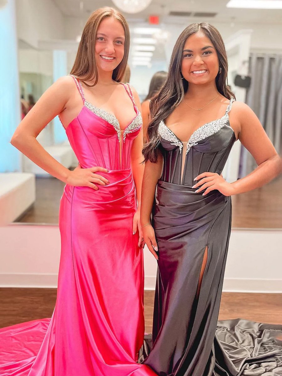 Fuchsia Mermaid V Neck Satin Long Prom Dresses with Beading
