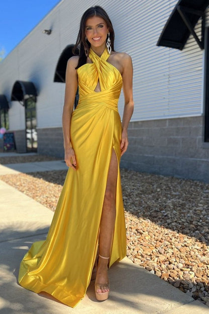 Yellow Halter Satin Mermaid Long Prom Dress With Slit