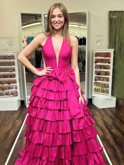 Iridium | Halter A-Line Blue Satin Long Ruffled Prom Dress With Slit