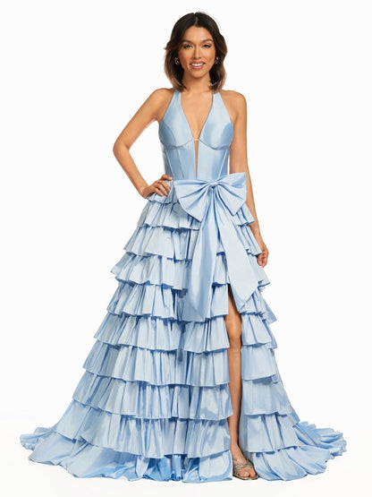 Iridium | Halter A-Line Blue Satin Long Ruffled Prom Dress With Slit