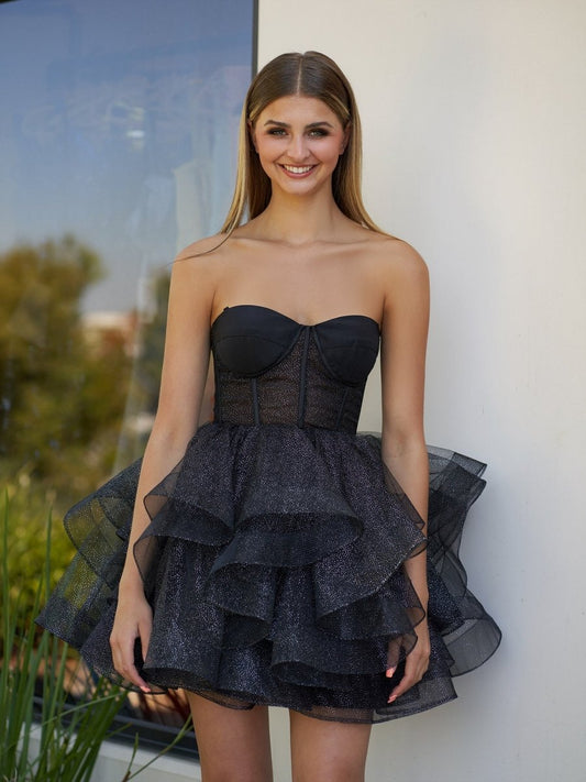 Sevoba|A-Line Tulle Black Short Homecoming Dress with Ruffles