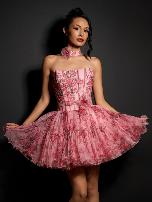 Sevoba|Pink - Strapless A-Line Floral Short Homecoming Dresses With Ruffles