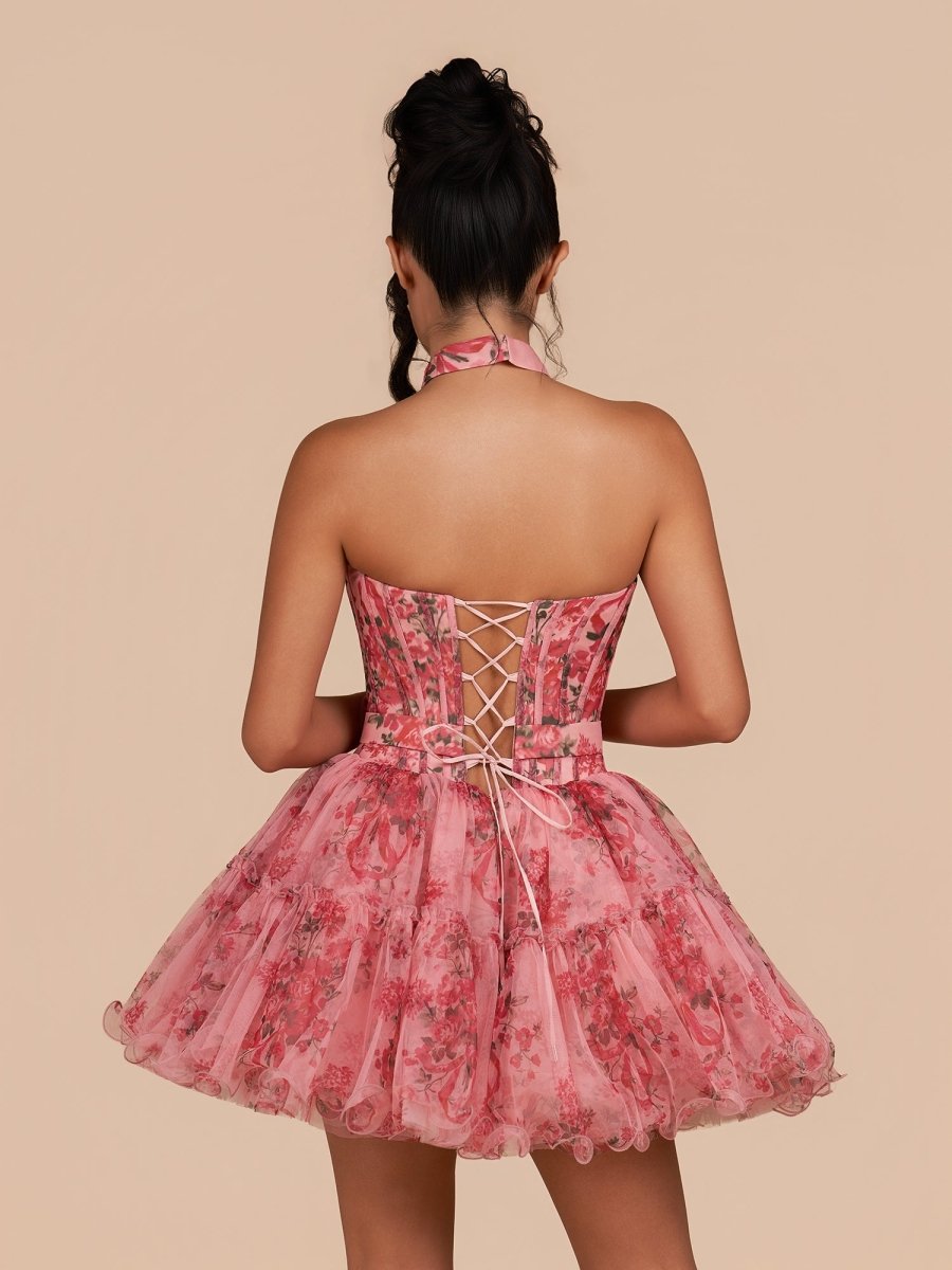 Sevoba|Pink - Strapless A-Line Floral Short Homecoming Dresses With Ruffles